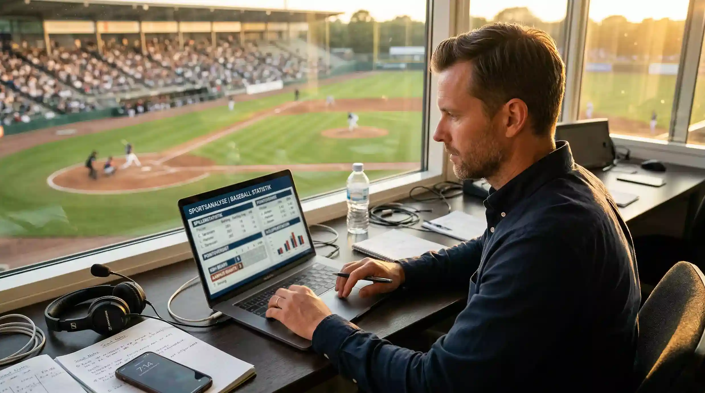 Baseball analyst reviewing sabermetric data on a laptop in a stadium press box