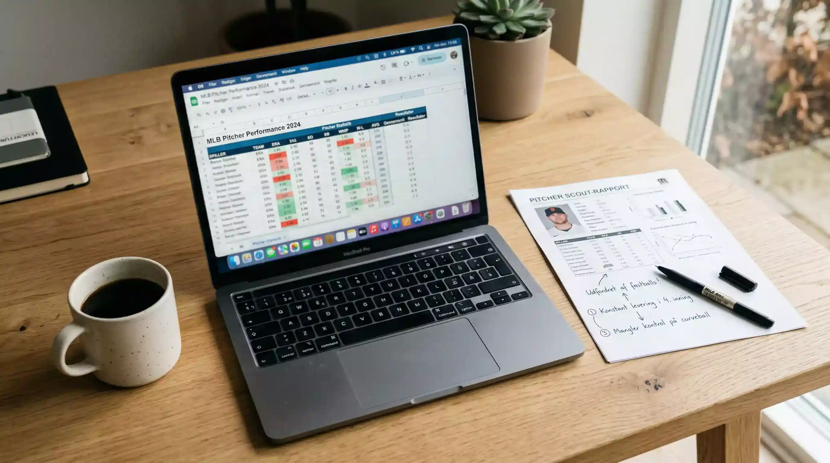 Laptop screen showing FIP and wOBA baseball statistics spreadsheet next to a printed pitching scouting report